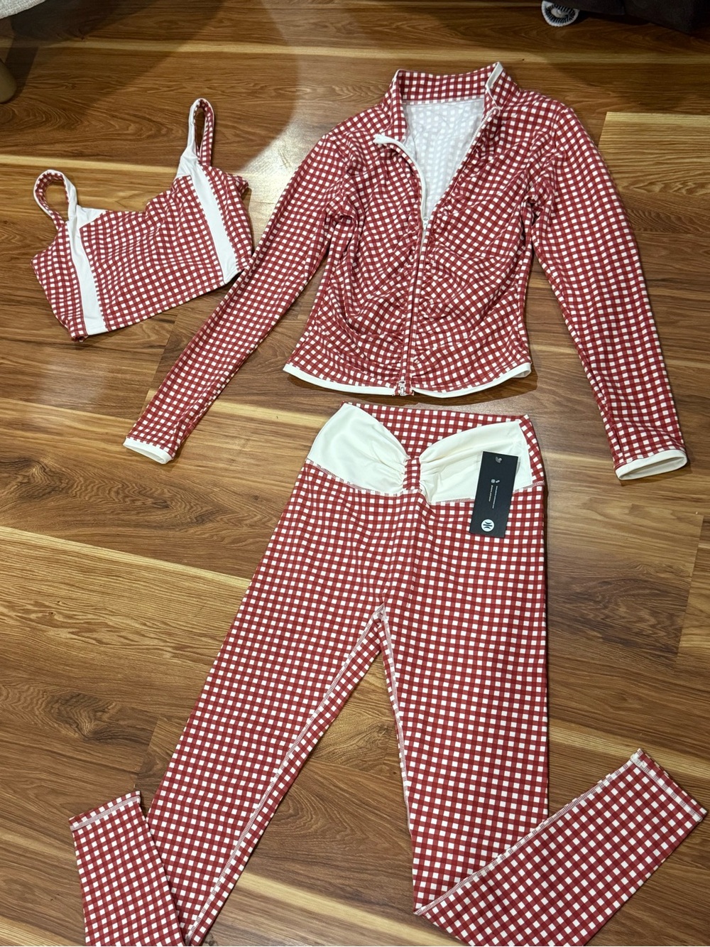 Red and White Gingham Three-Piece Active Set
